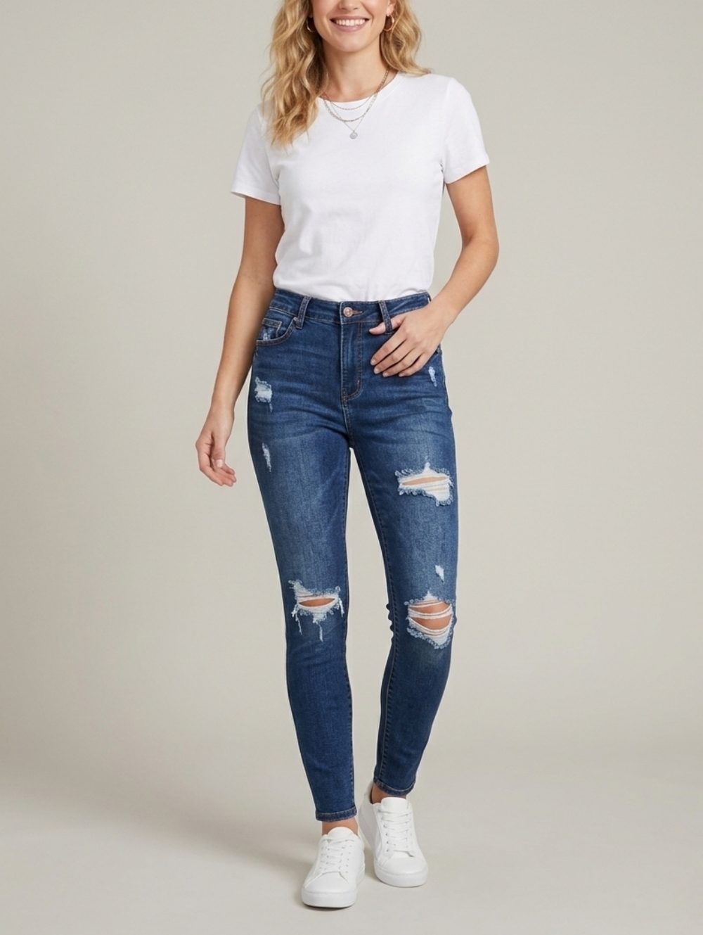 Fashion Nova Dark Wash Distressed High Rise Skinny Jeans 26